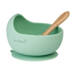 SARO Vajillas Infantiles-Bol silicona menta c/cuchara madera