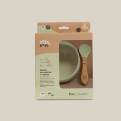 INTERBABY Vajillas Infantiles-Cuenco silicona c/ cuchara verde