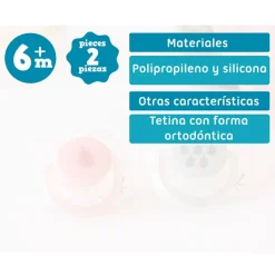 KIOKIDS Chupetes Y Dentición-Pack de 2 chupetes ortodónticos Rosa y Gris 6-18 meses