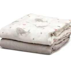 KIOKIDS Ropa De Cuna-Set de 2 muselinas Ballenas gris