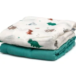 KIOKIDS Ropa De Cuna-Set de 2 muselinas Dinosaurios sage