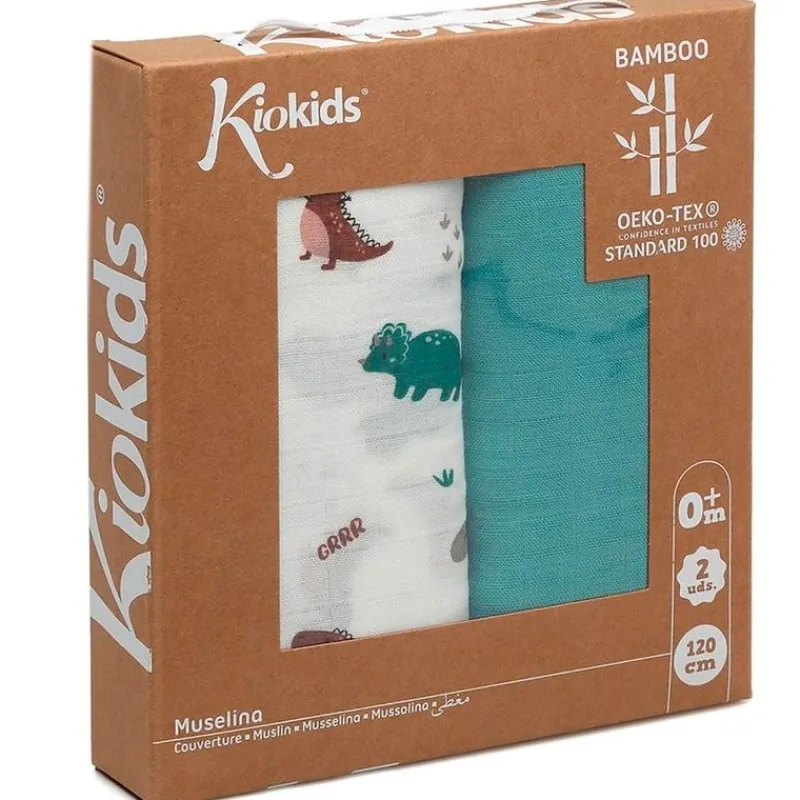 KIOKIDS Ropa De Cuna-Set de 2 muselinas Dinosaurios sage