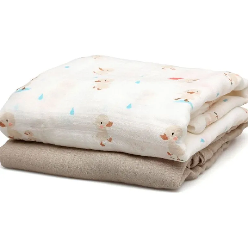 KIOKIDS Ropa De Cuna-Set de 2 muselinas Patitos beige