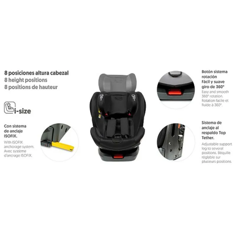 INTERBABY Sillas Con Isofix De 40 A 150 Cm (0 A 12 Años)-Silla coche Giratoria Aruna de 40 a 150 cm Negra + Regalo