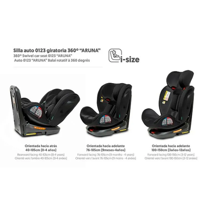 INTERBABY Sillas Con Isofix De 40 A 150 Cm (0 A 12 Años)-Silla coche Giratoria Aruna de 40 a 150 cm Negra + Regalo
