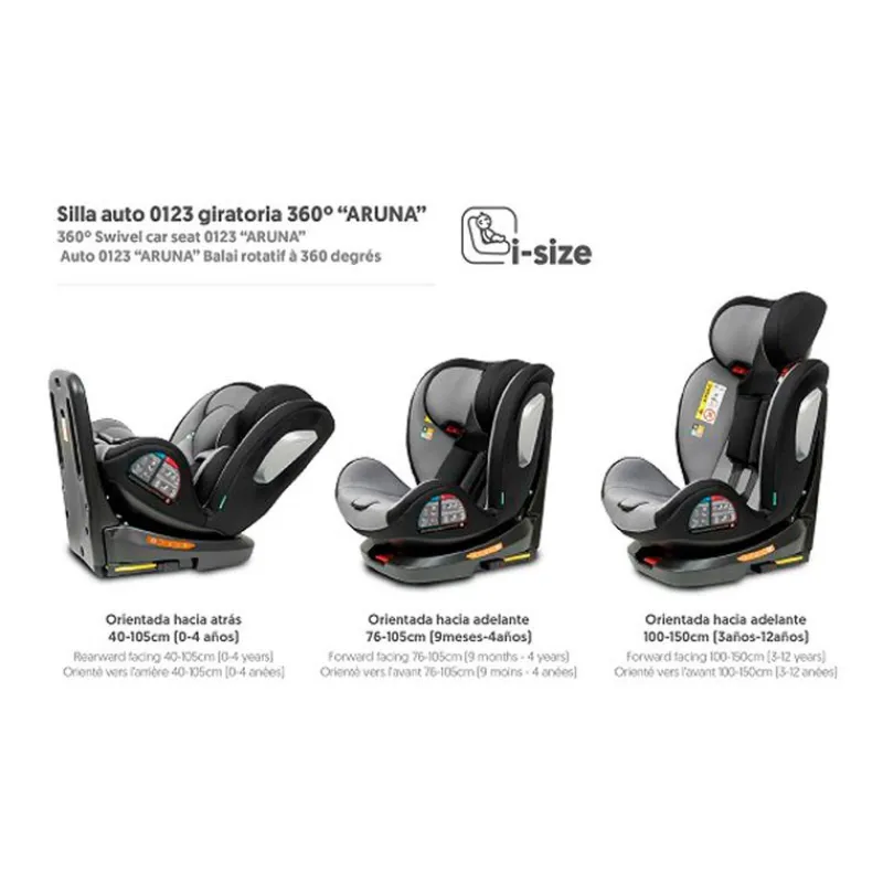 INTERBABY Sillas Con Isofix De 40 A 150 Cm (0 A 12 Años)-Silla coche Giratoria Aruna de 40 a 150cm Gris + Regalo