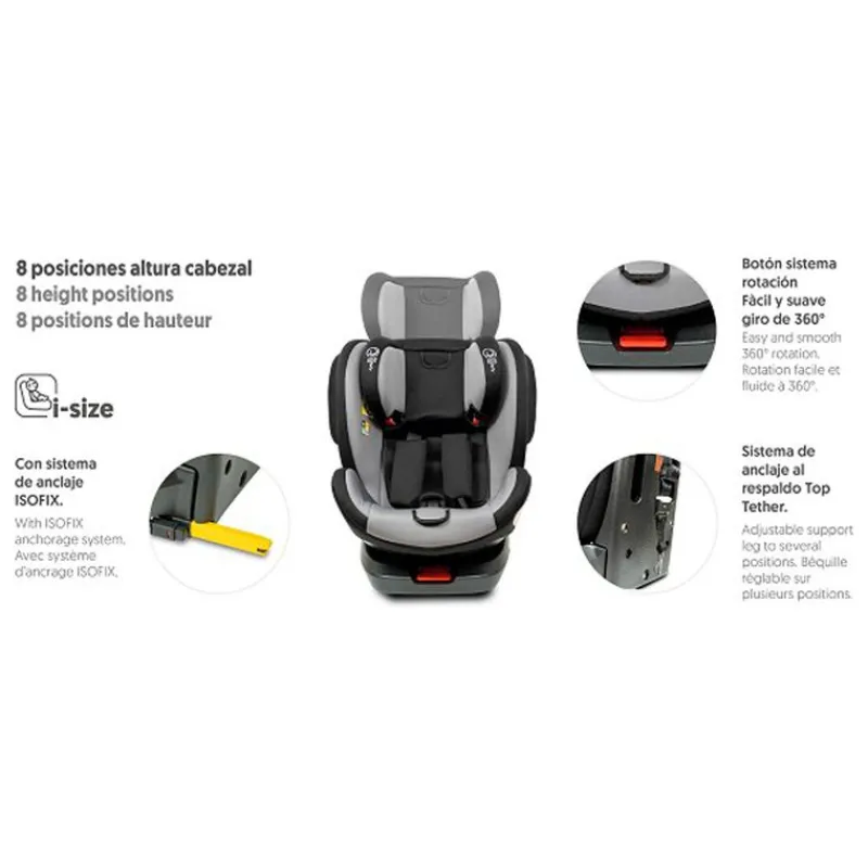 INTERBABY Sillas Con Isofix De 40 A 150 Cm (0 A 12 Años)-Silla coche Giratoria Aruna de 40 a 150cm Gris + Regalo