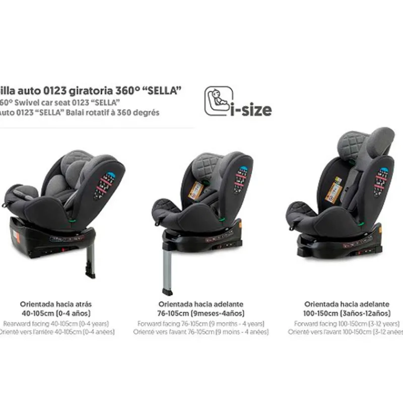 INTERBABY Sillas Con Isofix De 40 A 150 Cm (0 A 12 Años)-Silla coche Sella 40-150cm Giratoria C/Pata Gris