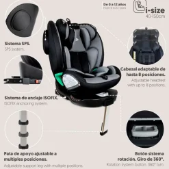 INTERBABY Sillas Con Isofix De 40 A 150 Cm (0 A 12 Años)-Silla de coche Pax de 40-150cm c/ Pata Gris